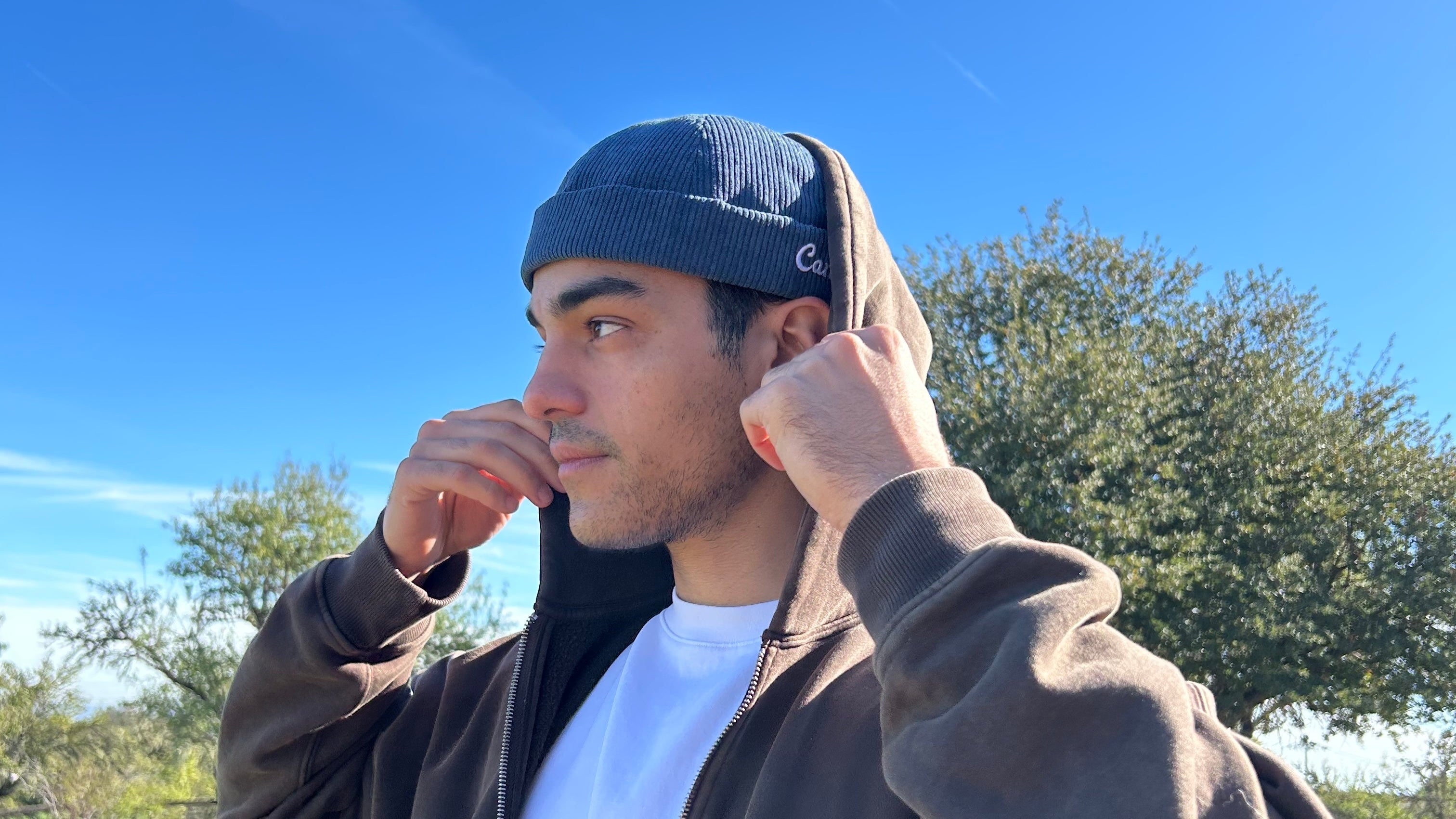 Person wearing a hoodie and cap outdoors with trees and blue sky in the background