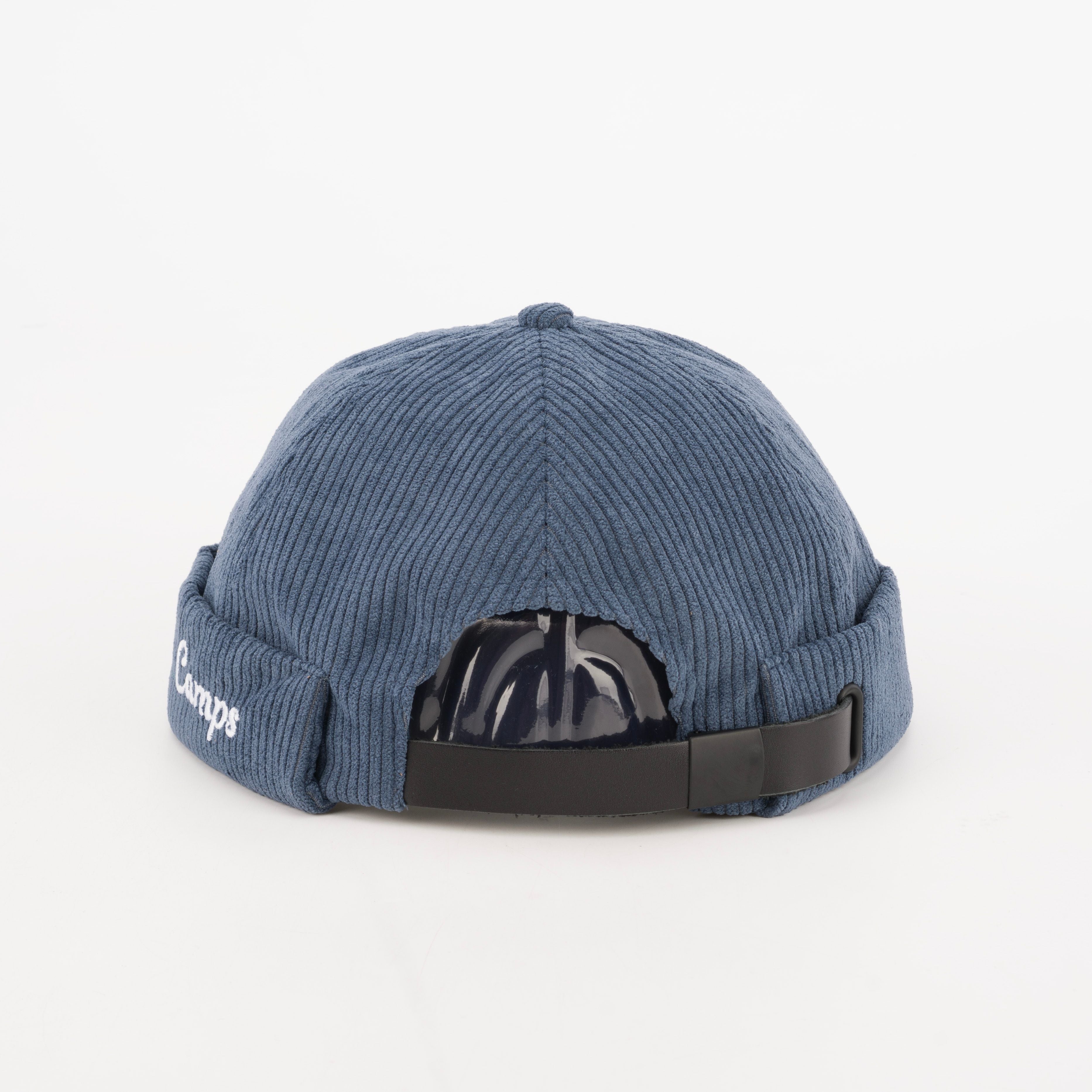 Navy corduroy brimless hat post production